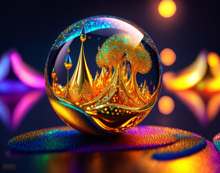 Colorful Crystal Ball with Golden Fractal Trees in Abstract Setting