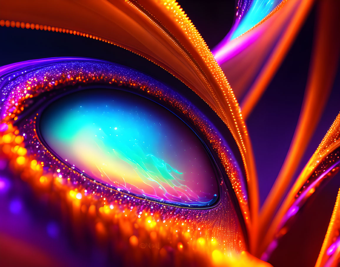 Colorful digital artwork featuring iridescent eye motif with swirling patterns.