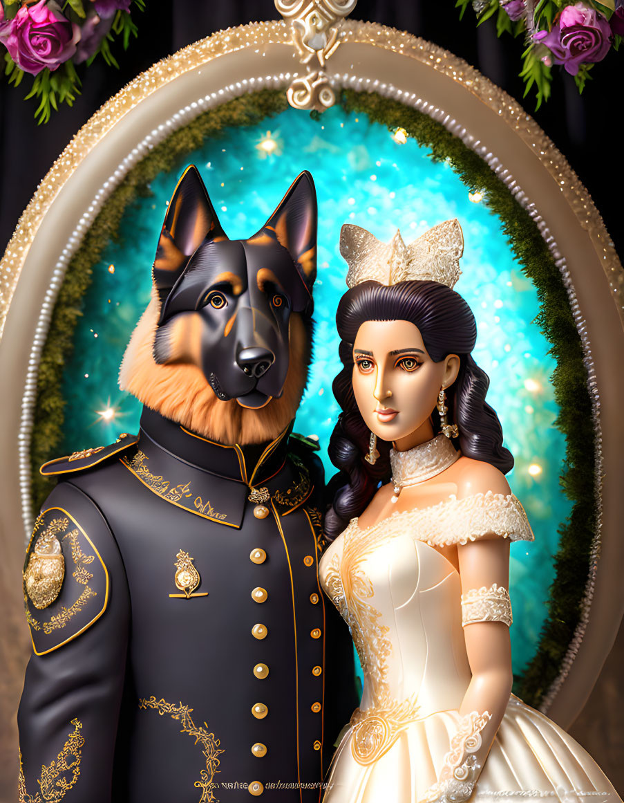 Illustrated portrait of woman in white dress with tiara and German Shepherd in military uniform, framed by