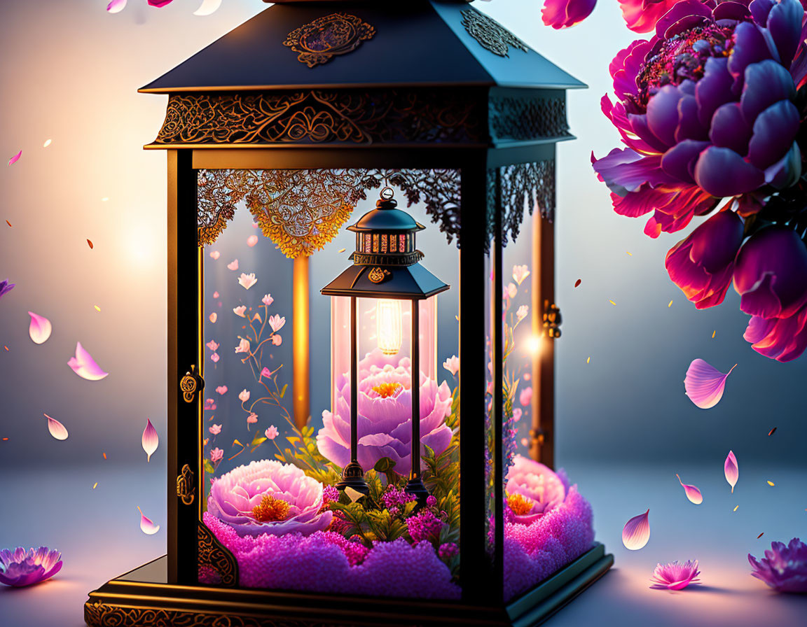 Ornate lantern with pink and purple flowers in tranquil setting