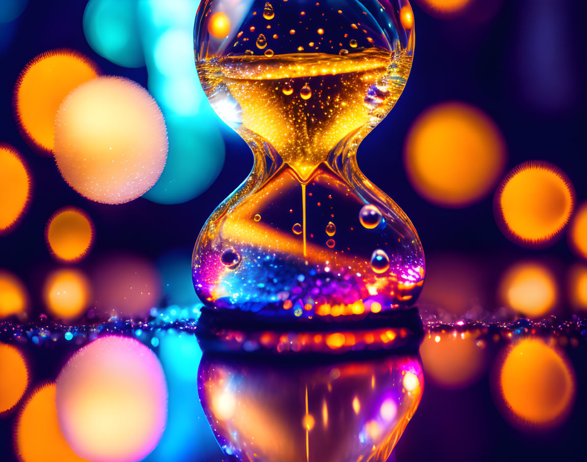 Sparkling hourglass close-up with water droplets and glitter on bokeh background