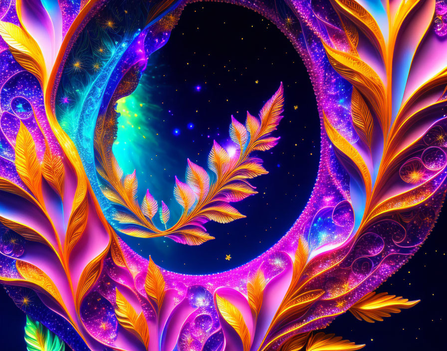 Cosmic portal surrounded by golden feathers in digital art