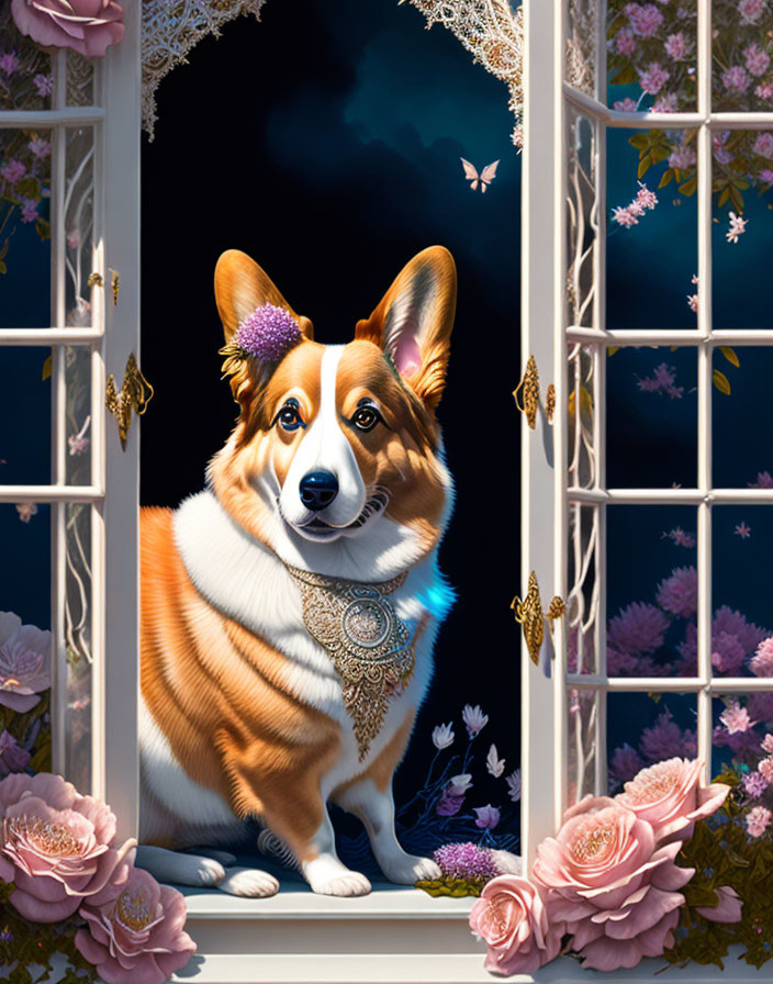 Corgi with jeweled necklace in starry night setting