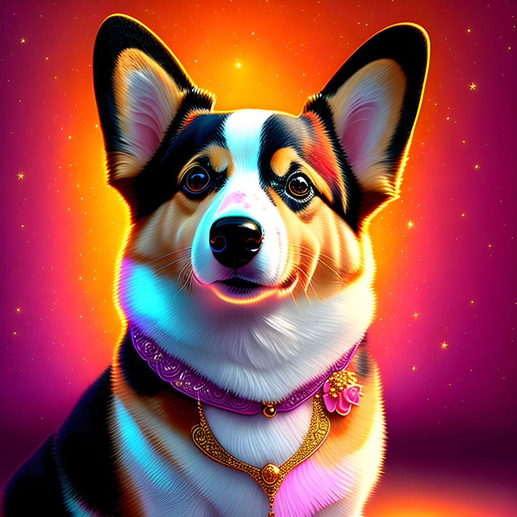 Colorful Corgi Illustration with Starry Background and Accessories