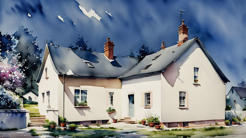 Quaint two-story house watercolor illustration under starry night sky