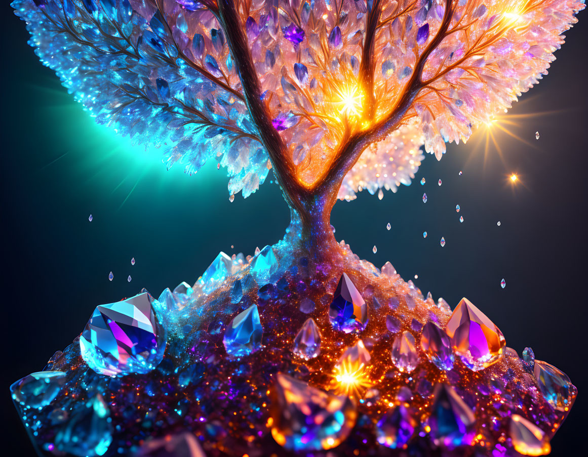 Vibrant crystal tree with gemstones on dark blue background