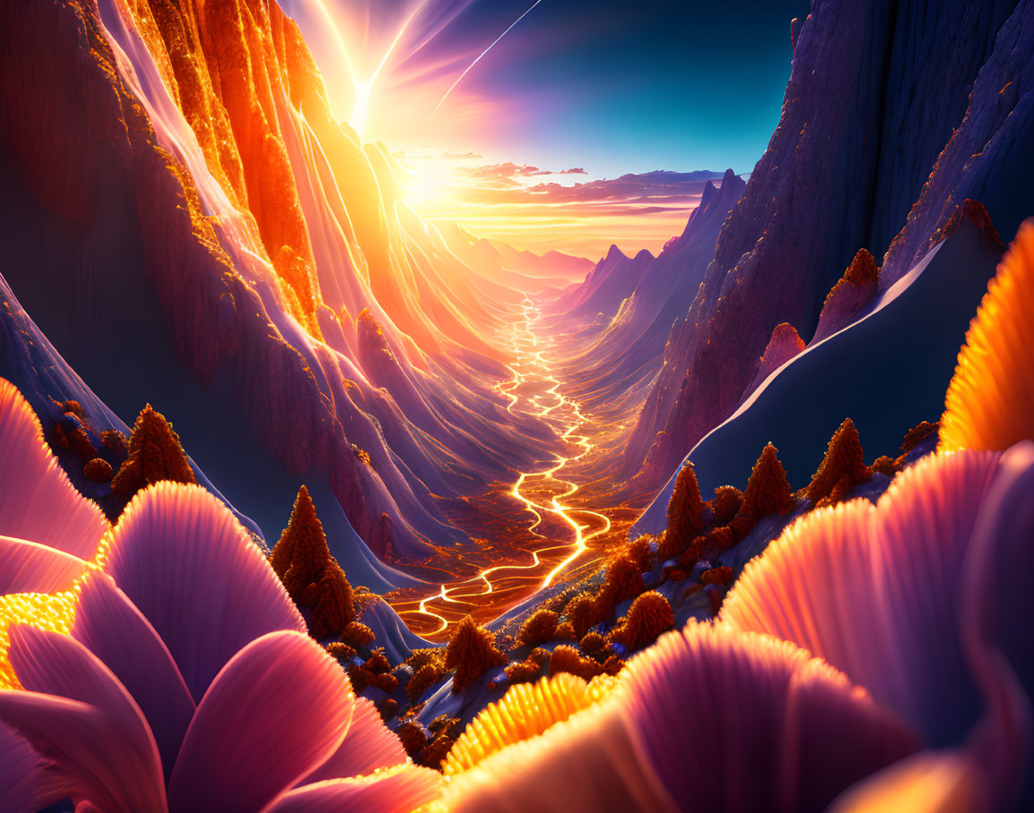 Fiery river in vibrant digital art landscape