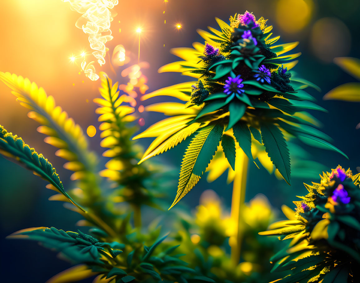 Sunlit cannabis plants in vibrant garden scene