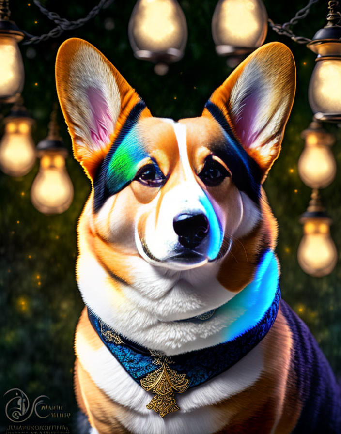 Colorful Lighting Corgi with Blue Collar and Bokeh Background