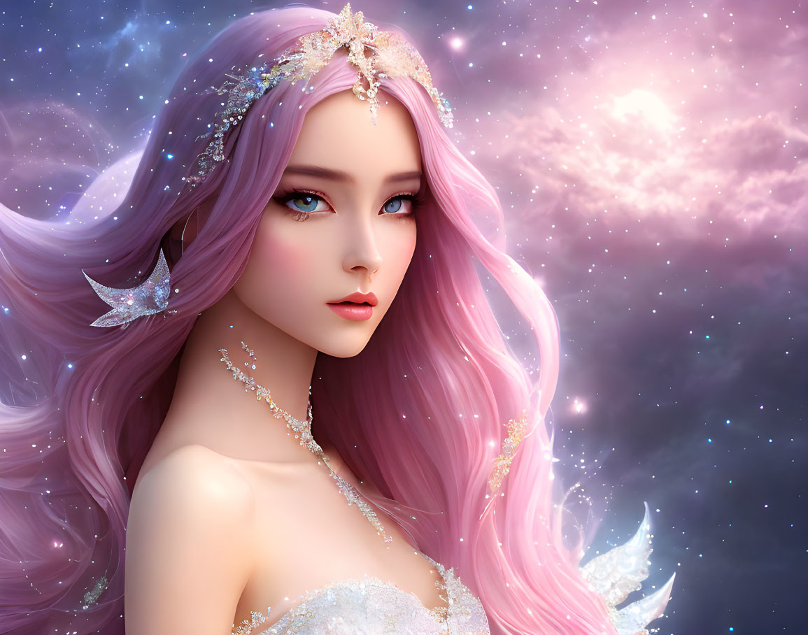 Digital art portrait: Woman with lavender hair in cosmic setting