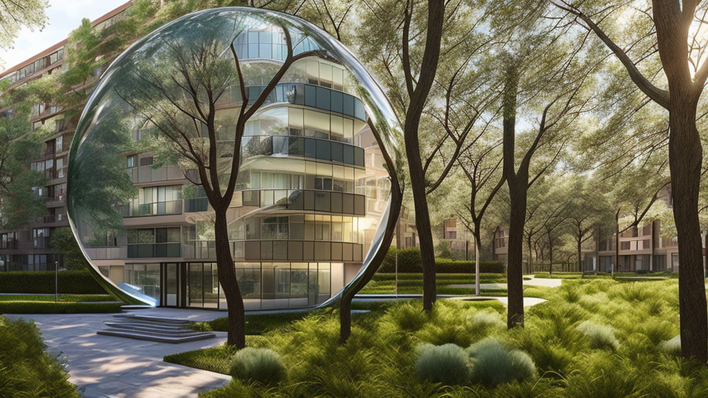 Urban park setting with modern buildings and transparent spherical structure