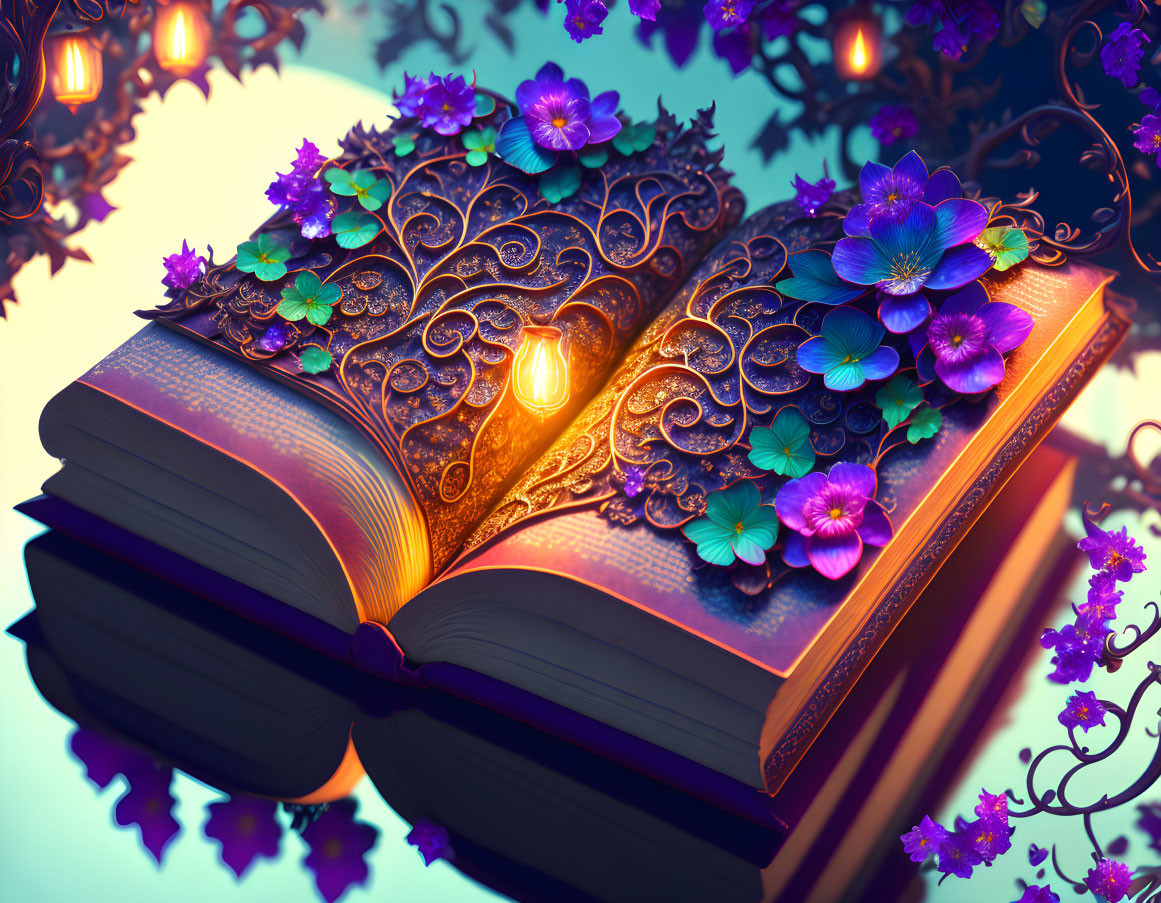 Ornate glowing book surrounded by flowers under vine-entwined lamp