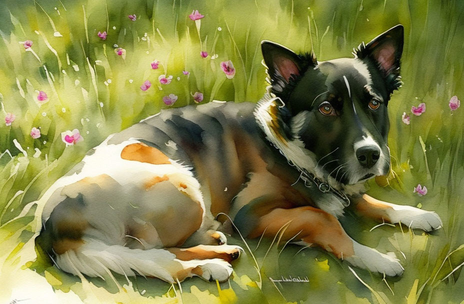 Watercolor painting of black and tan dog in sunny field with pink flowers