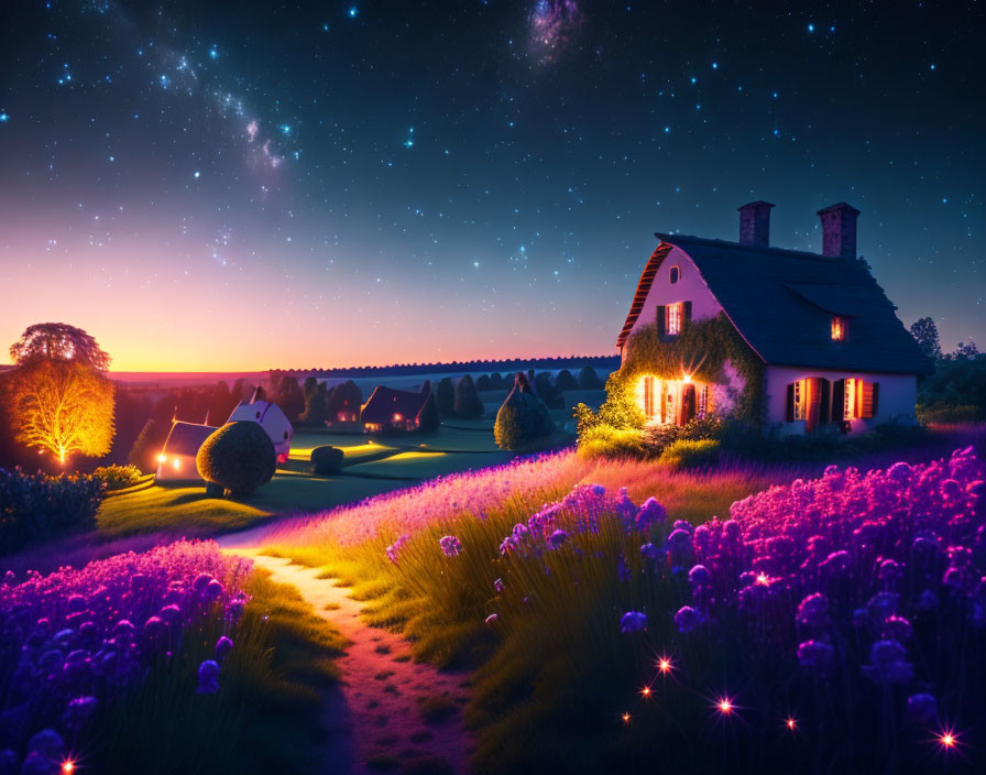 Thatched-roof cottage in twilight with lavender fields and starry sky