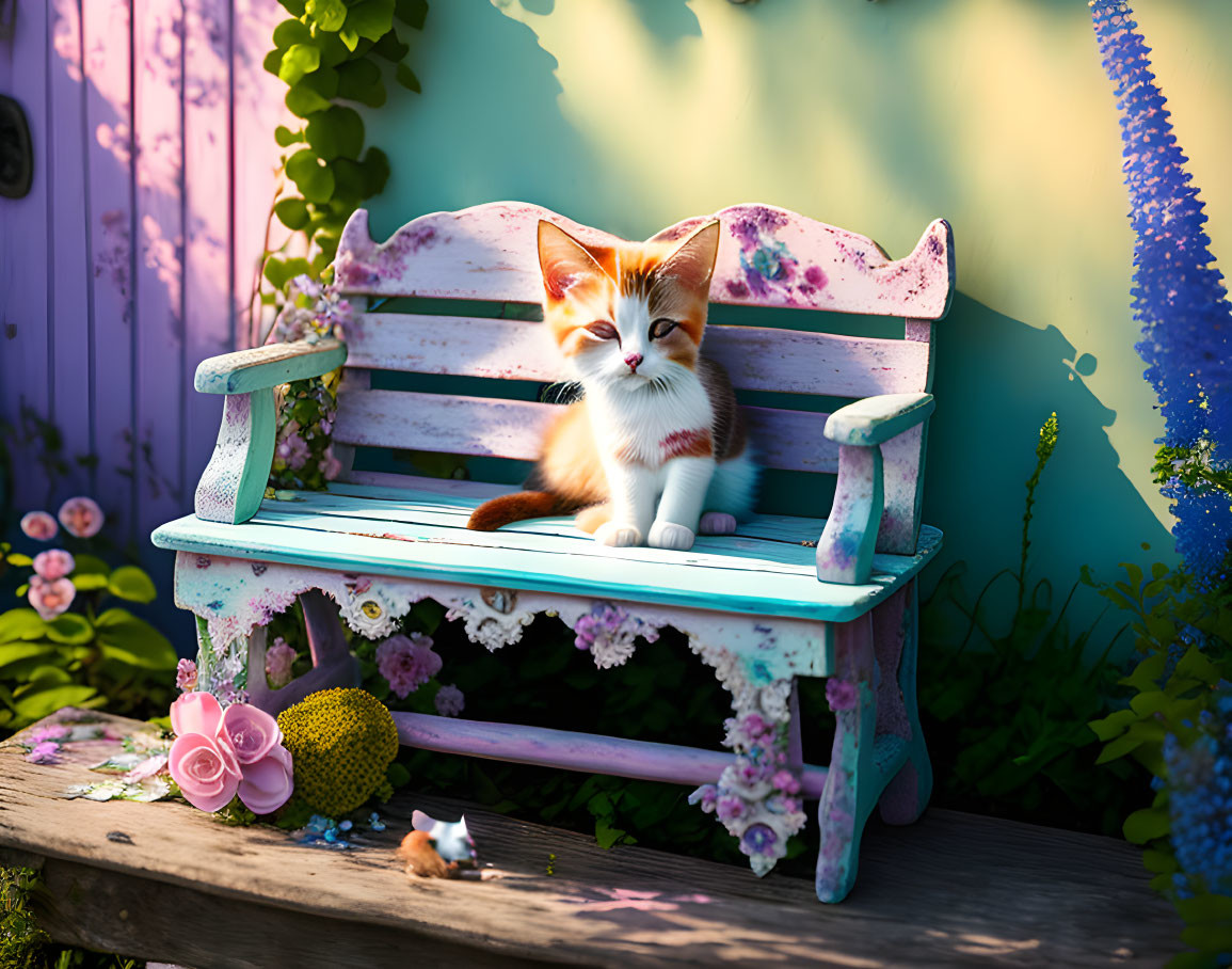 Orange and White Kitten on Colorful Bench with Flowers and Toy Mouse