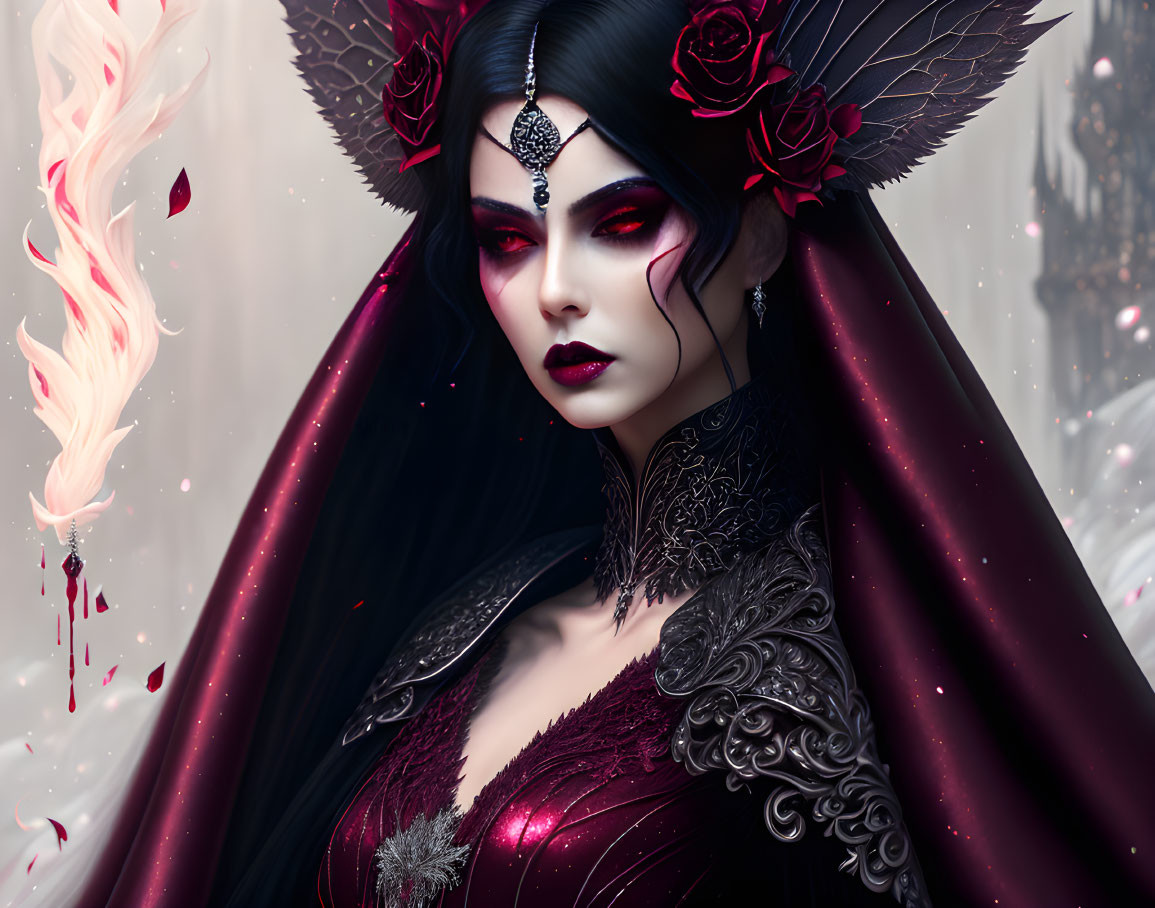 Gothic fantasy figure in burgundy dress with red rose accessories and flame background