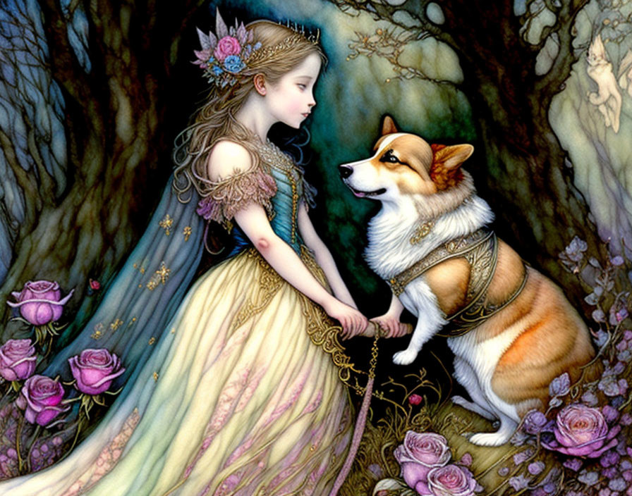 Illustration of girl in flowing dress with corgi in armor among roses