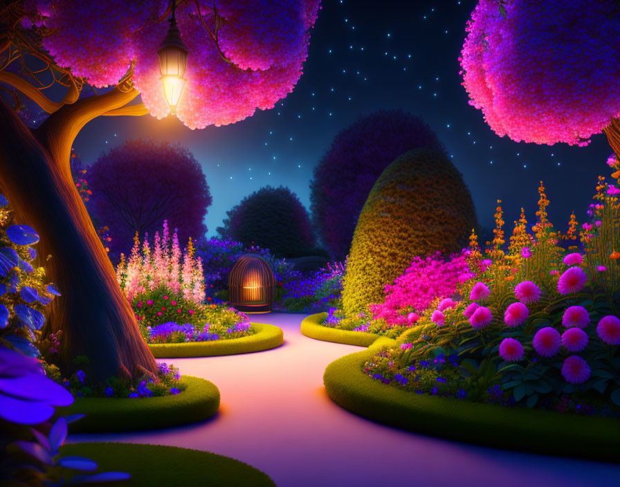 Glowing flowers and trees in enchanted night garden with starry sky