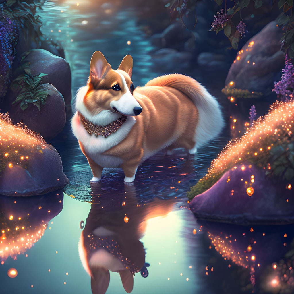 Welsh Corgi in Twilight Waters with Glowing Flora