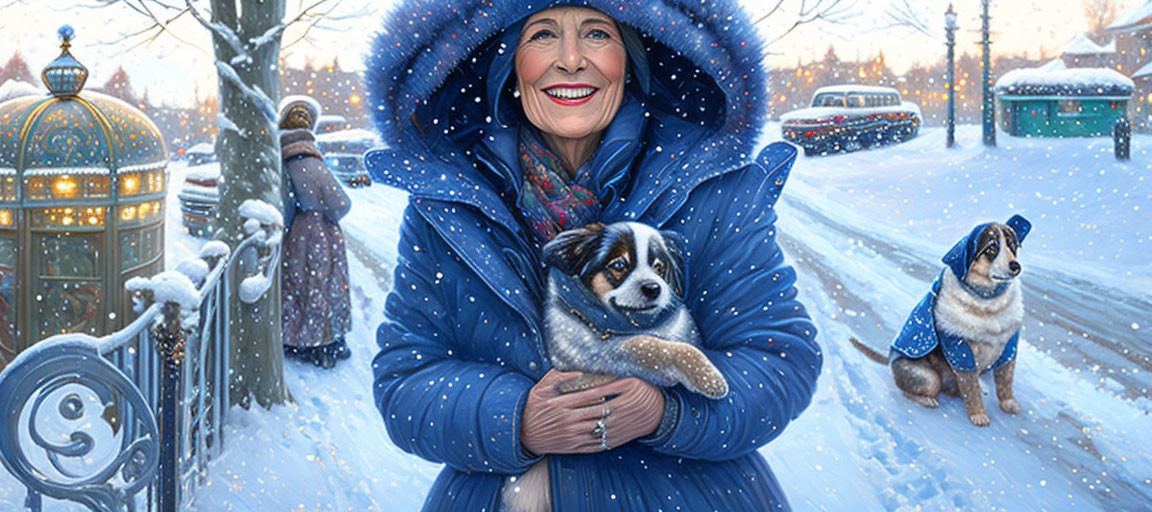 Smiling woman with puppy and dog in snowy street scene