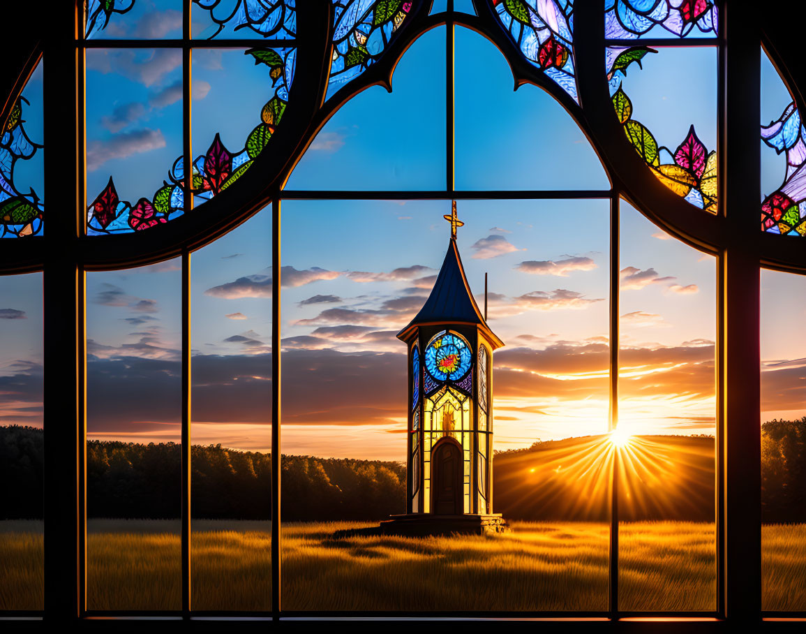 Serene landscape with church tower viewed through stained glass window