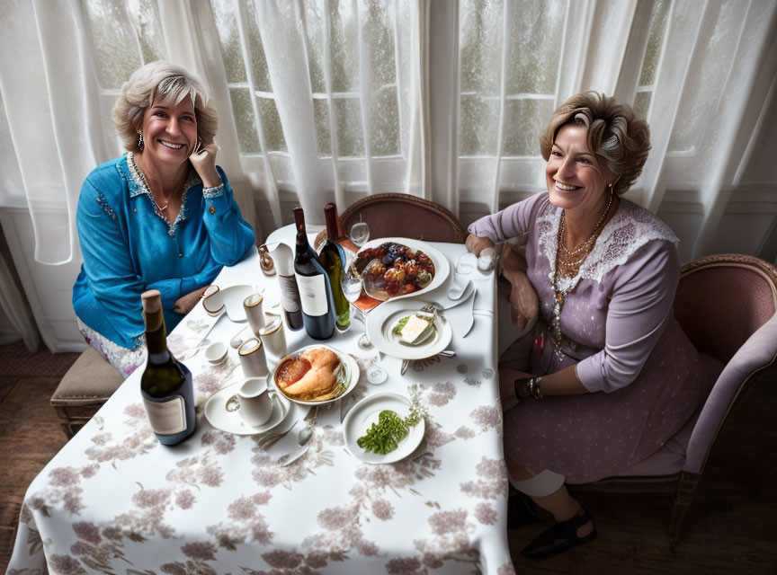 Two women enjoying wine and a meal in an elegantly furnished dining room