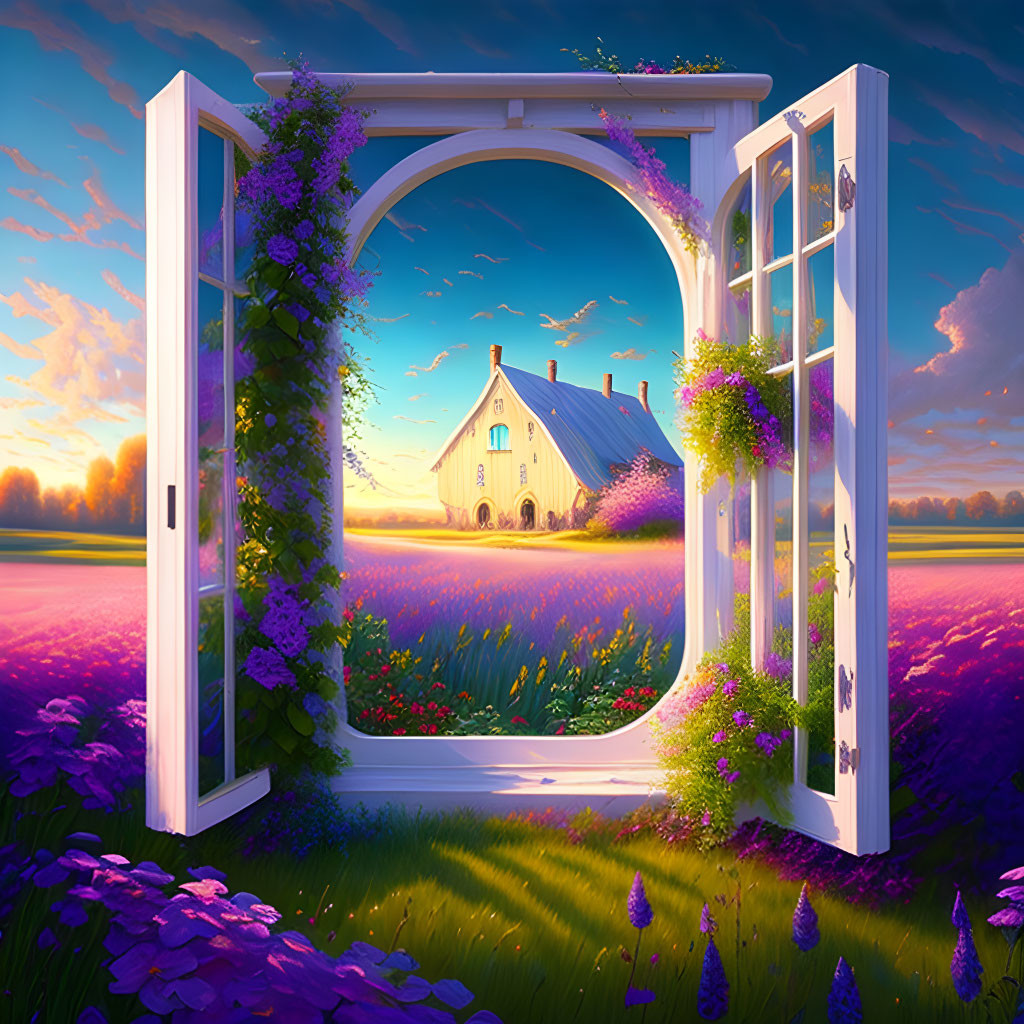 White Framed Open Window Reveals Countryside Sunset Scene