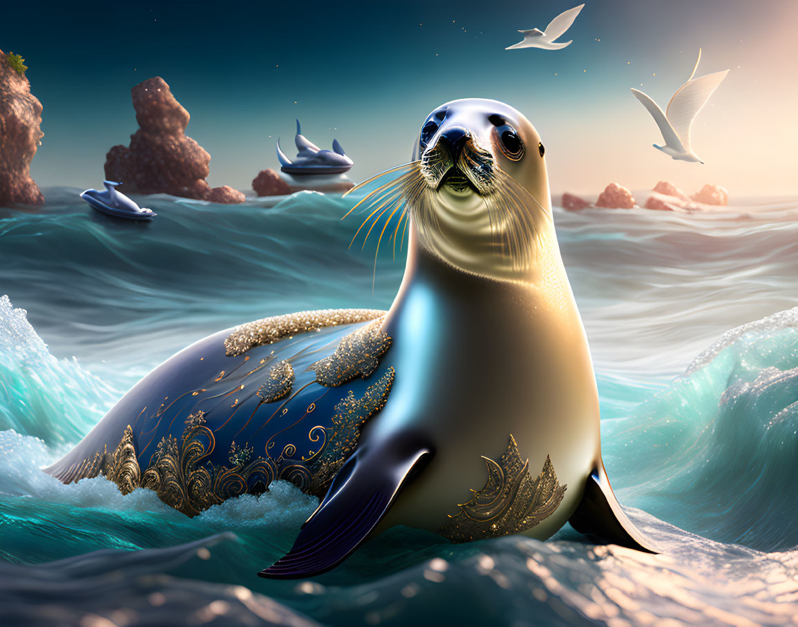 Digital artwork of majestic seal with gold patterns on fur by shore with waves and other seals.