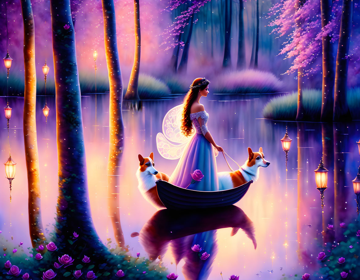 Woman in flowing gown on boat with two foxes in magical purple forest.