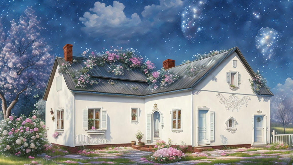 White Countryside House with Blooming Flowers Under Starry Night Sky