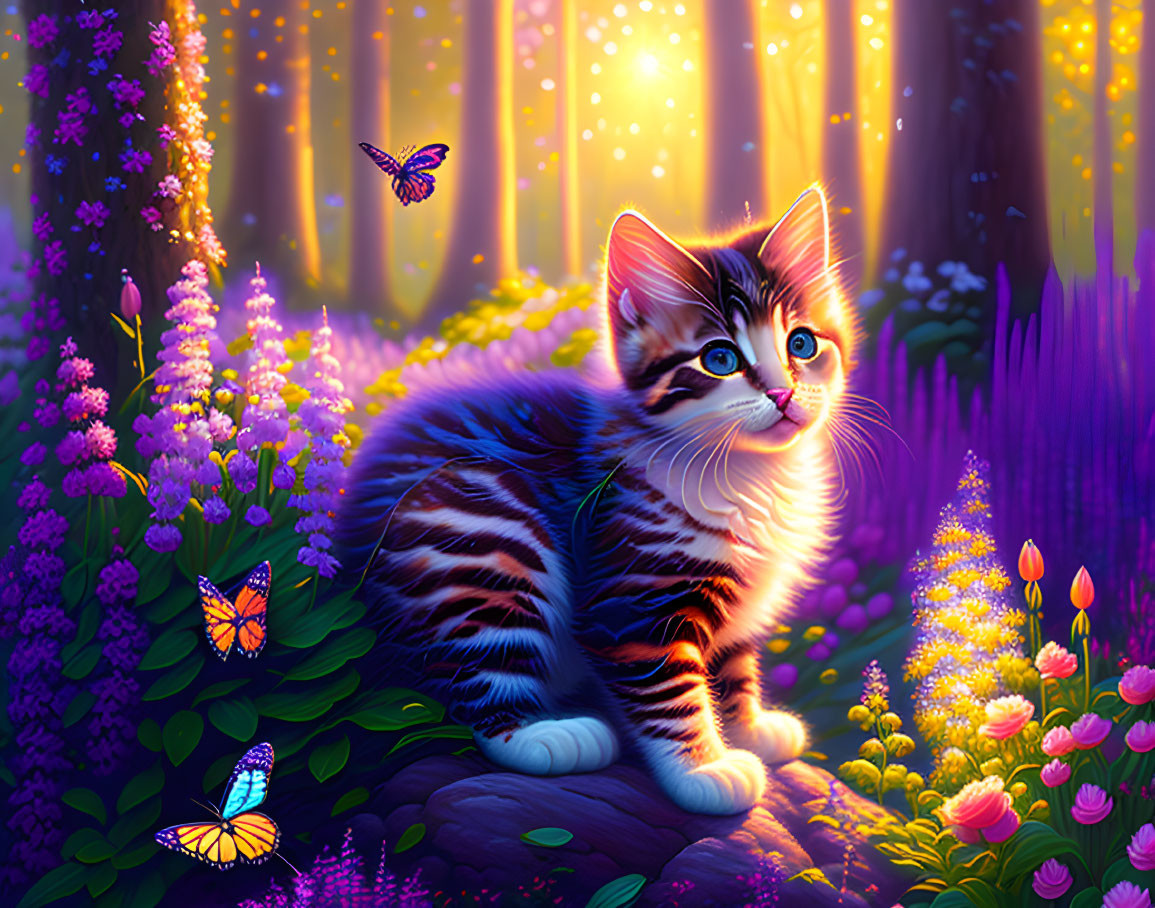 Colorful Kitten Surrounded by Flowers and Butterflies in Sunlit Forest