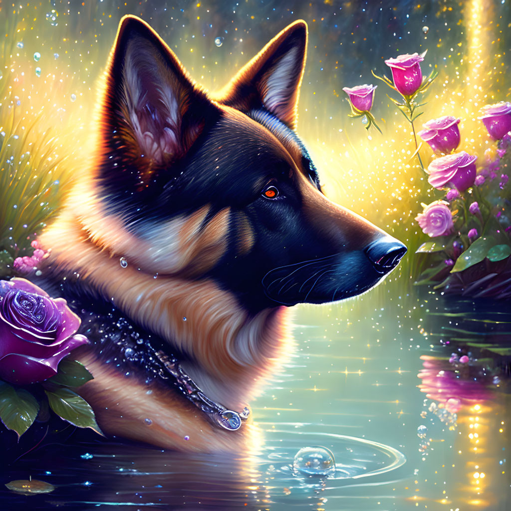 German Shepherd with pink roses in sparkling water under dusk sky