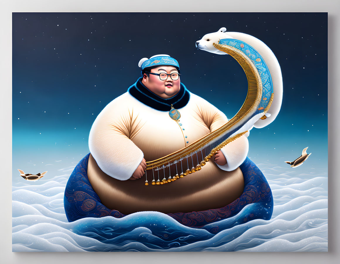 Fantastical illustration of serene man playing harp with polar bear, birds, and starry sky