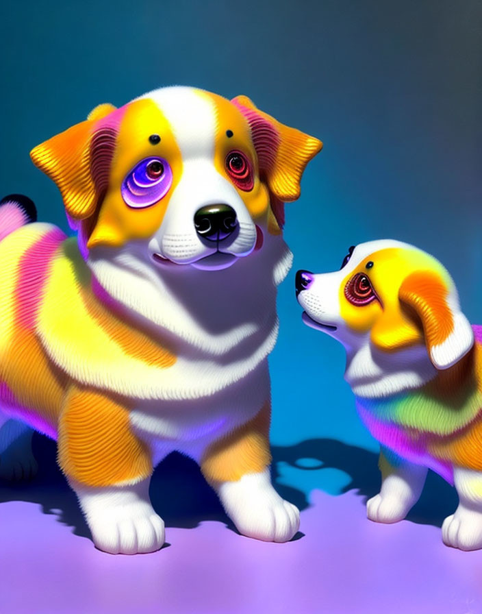 Colorful animated dogs with rainbow fur on blue background