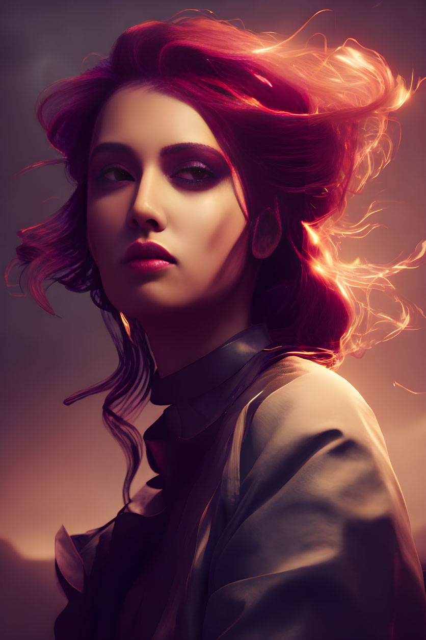 Vivid Magenta Hair with Flame-Like Waves on Dusky Background