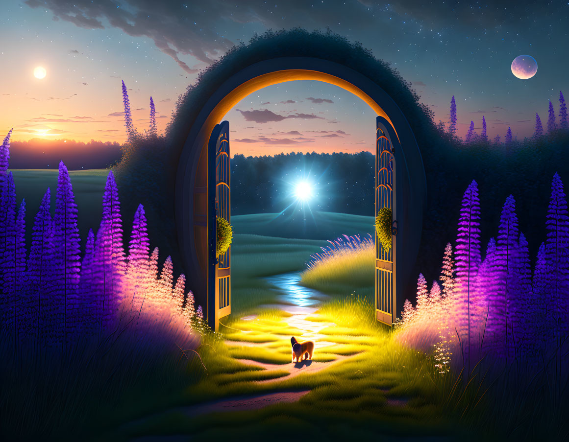 Night scenery with open gate, path to bright star, purple flowers, small fox, moonlit sky