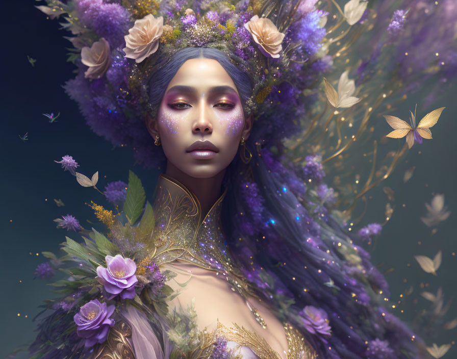 Majestic purple and gold floral headdress on serene woman surrounded by butterflies