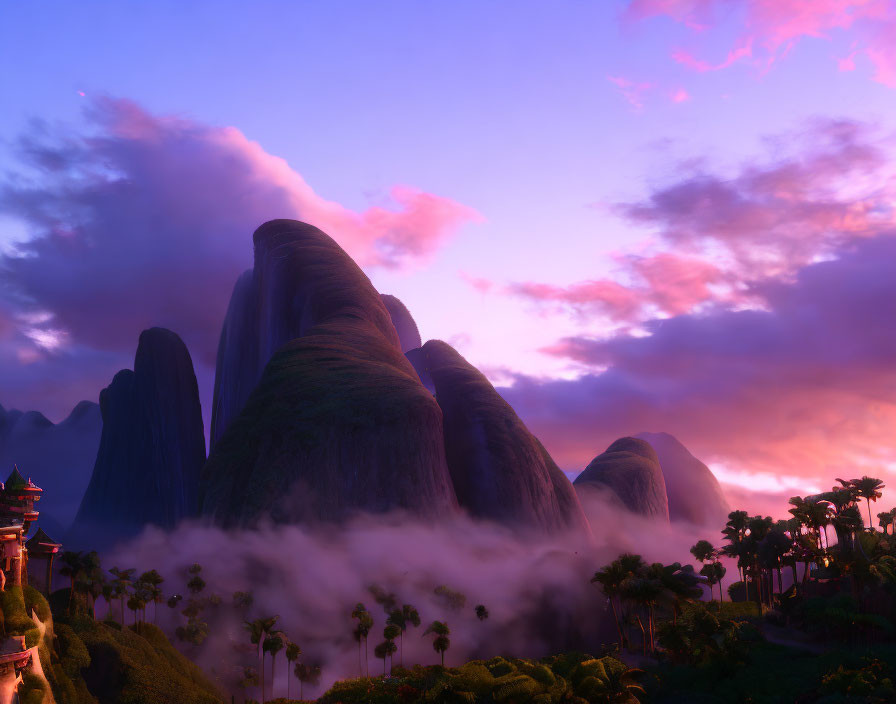 Twilight scene of misty mountains, pagoda, and colorful sky