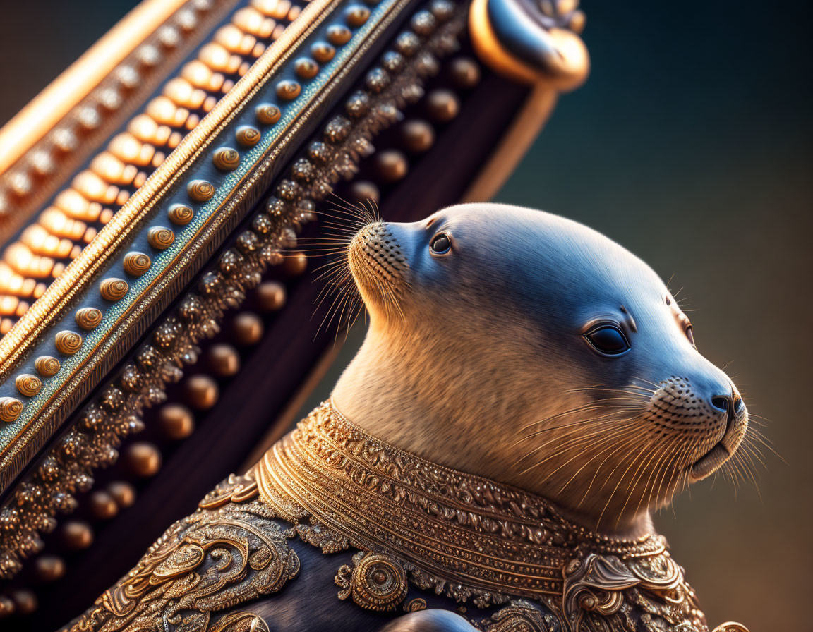 Regal sea lion in elaborate gold armor against blurred background