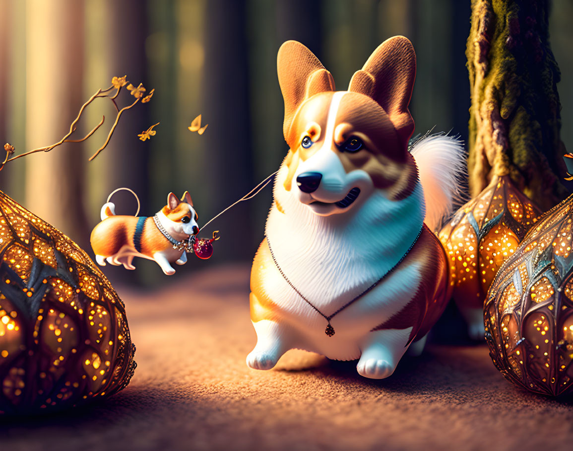 Large Corgi with pendant in forest beside lanterns and tiny version on butterfly leash