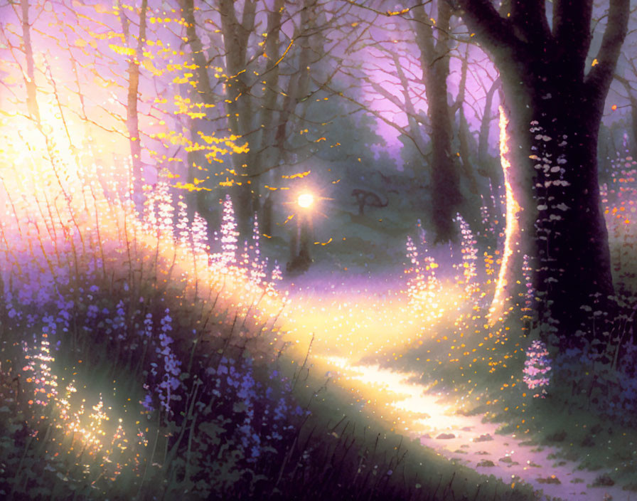 Enchanting forest scene with glowing path and purple-flowered trees