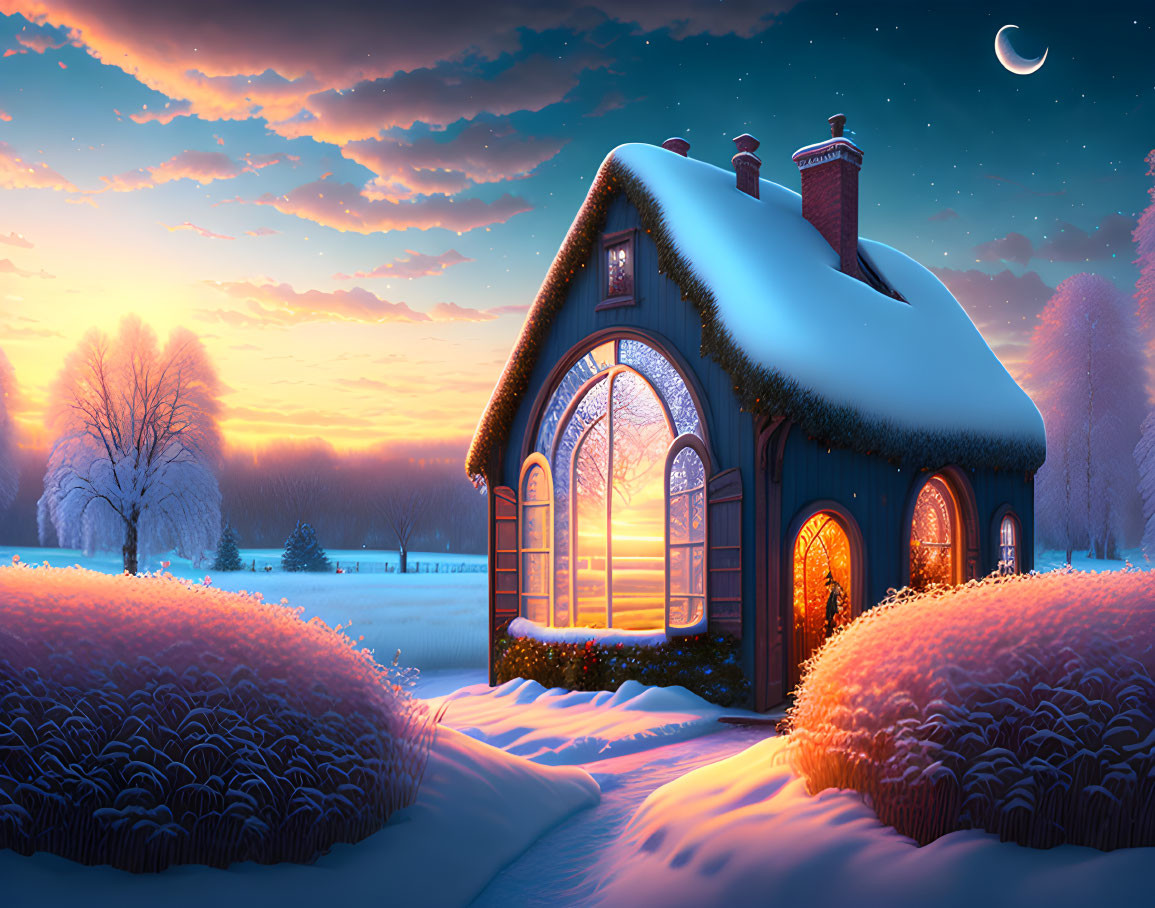 Snowy landscape with cozy cottage and crescent moon at dusk