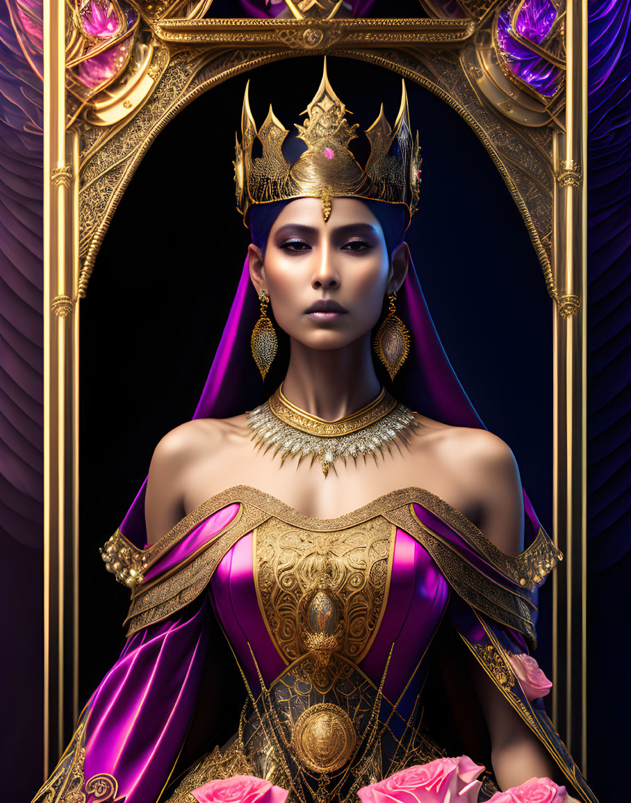 Regal woman in ornate crown and purple gown under golden arch