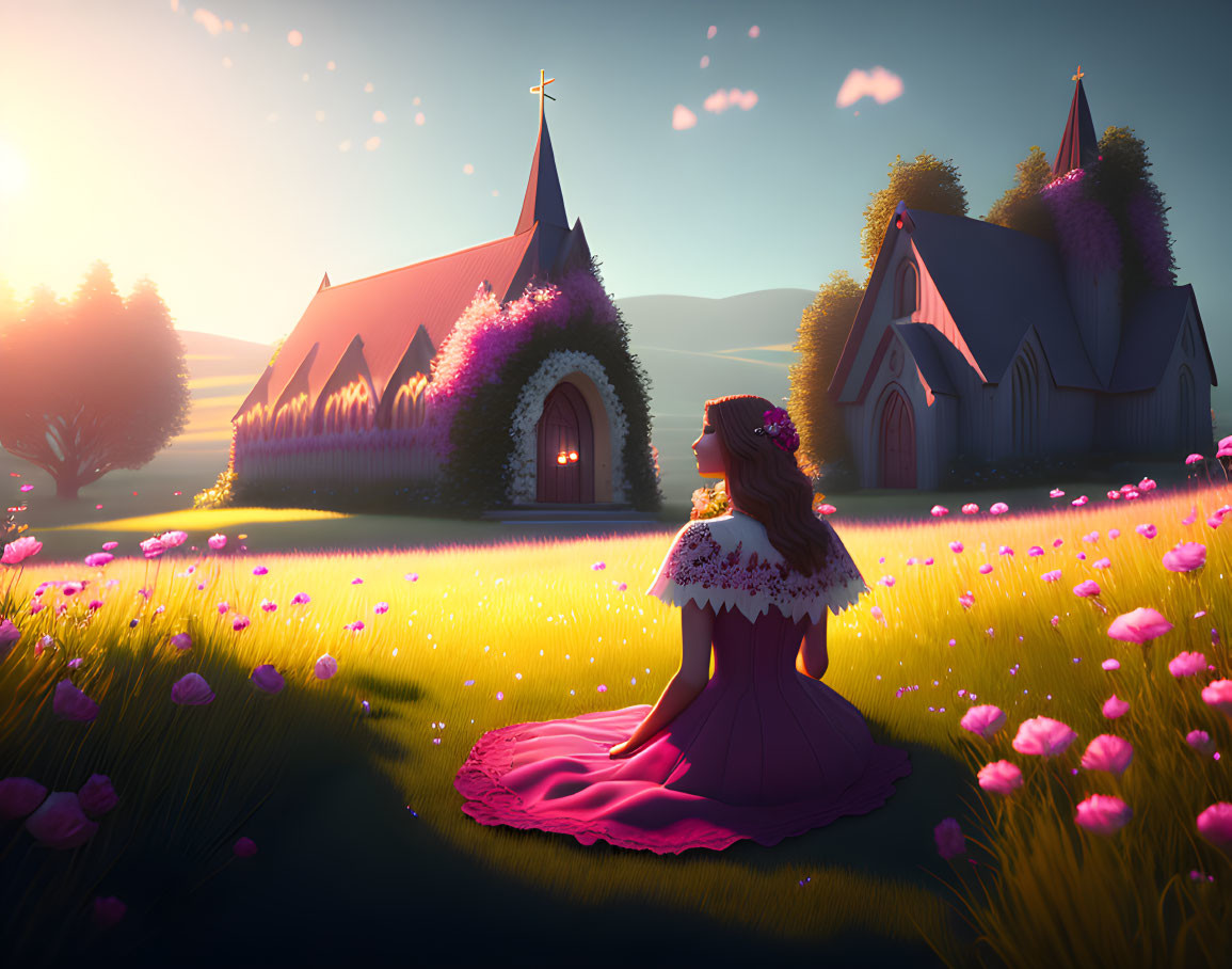 Woman in Pink Dress Surrounded by Flowers and Church at Sunset