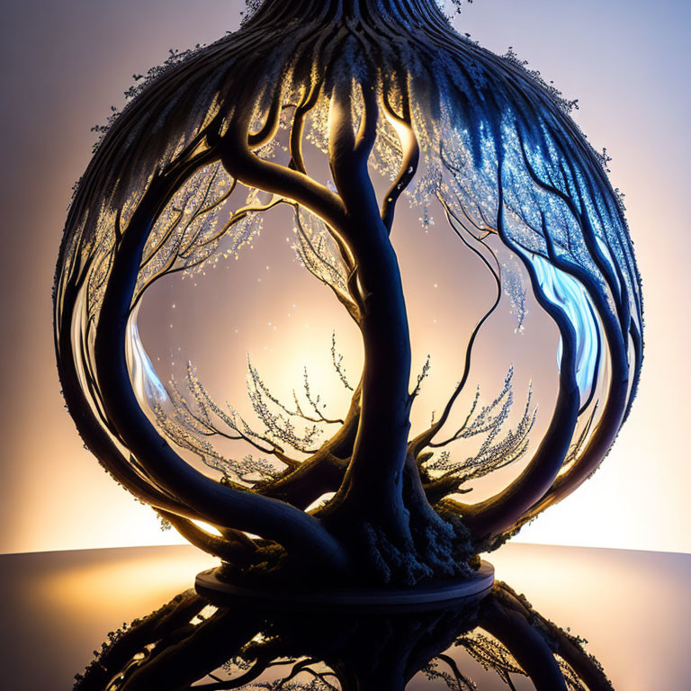 Intricate tree sculpture in tear-shaped glass with warm backlight