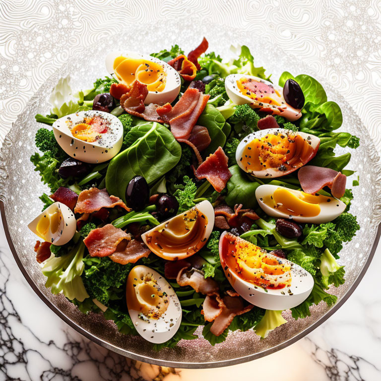 Fresh Spinach Salad with Boiled Eggs, Bacon, Olives, and Broccoli in Glass Bowl