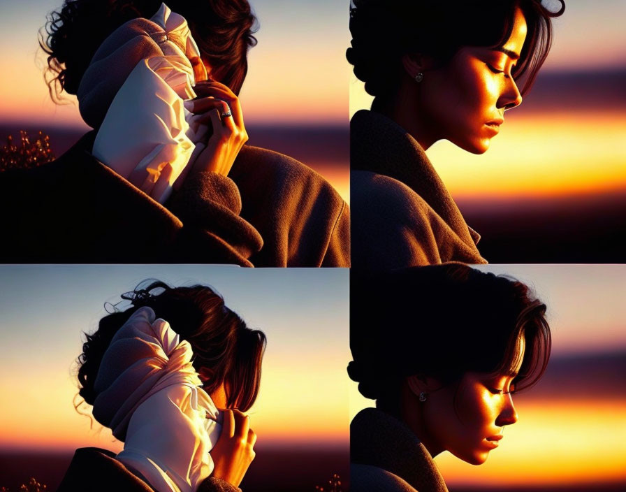 Woman Holds Mask in Sunset Setting: Four-Panel Image