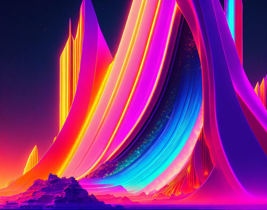 Colorful digital landscape with neon hues, ribbon-like structures, starry sky, and stylized mountains