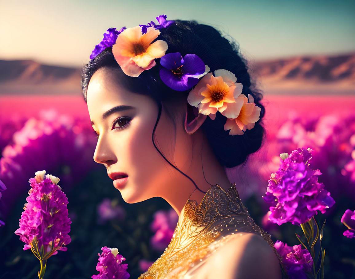 Woman standing in purple flower field with flowers in hair and sand dunes background