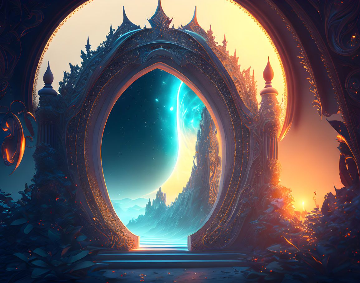 Ornate Arch-Shaped Portal Over Serene Landscape